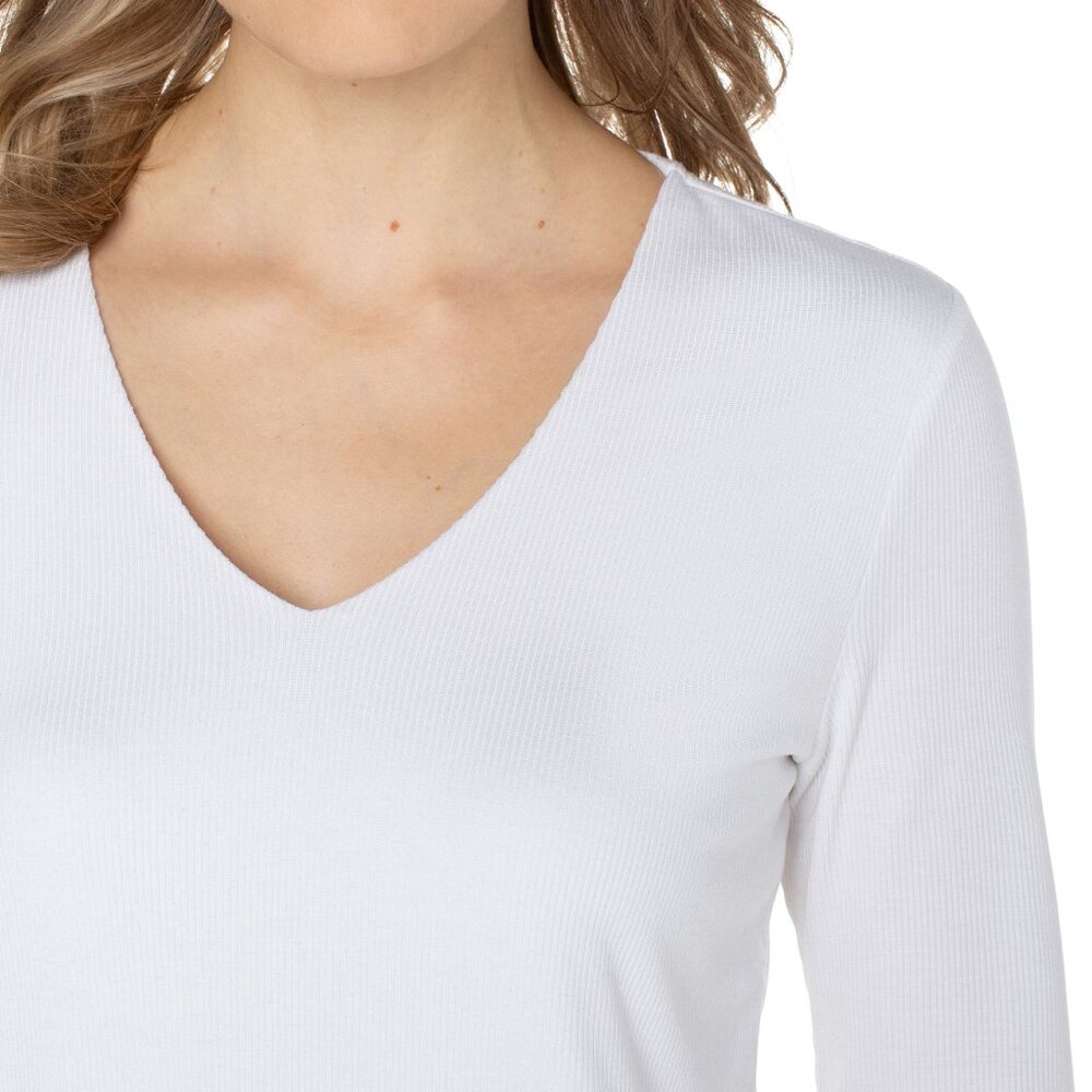 NWT Liverpool Double Layer V Neck Half Sleeve Rib Knit Top In Cream - Picture 2 of 4